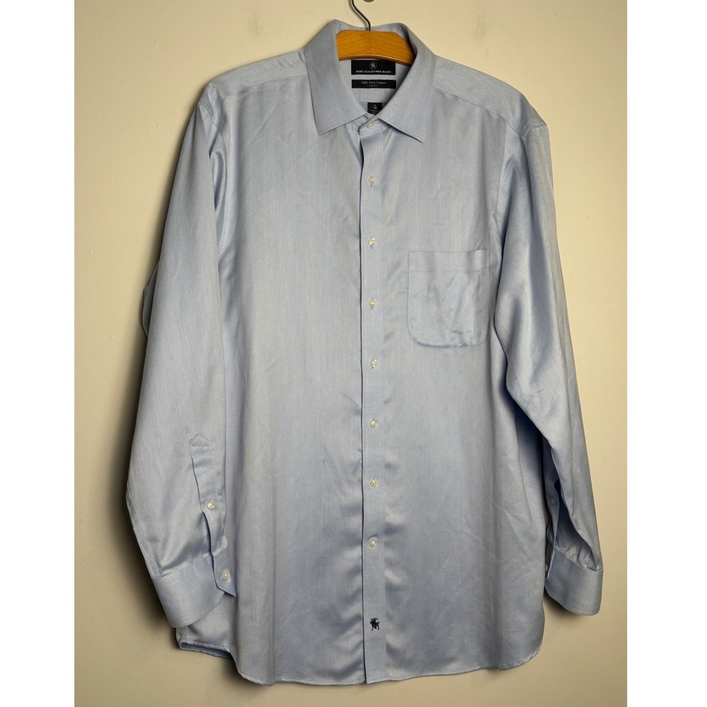 Hart Schaffner Marx Mens Dress Shirt 17 35 Blue Herringbone Pima Cotton Non-Iron